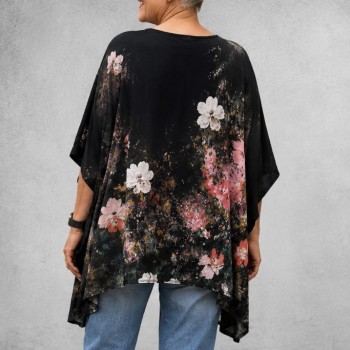 Frenzi Shirt Oversized Kunstzinnige Bloemenprint Zwart