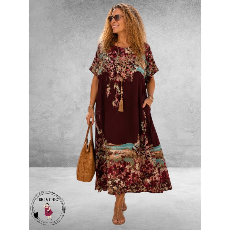 Frenzi Jurk Maxi Bordeaux/Bloemenprint