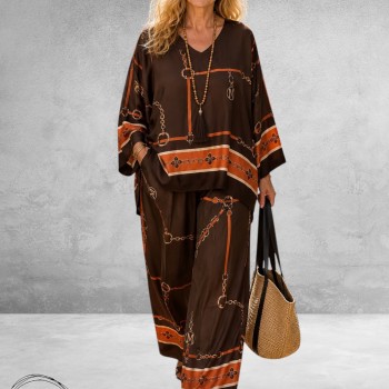 Frenzi Tweedelige Pak Bruin/Luxe Print