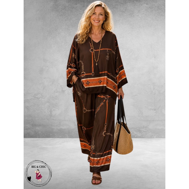 Frenzi Tweedelige Pak Bruin/Luxe Print