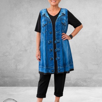 Frenzi Tuniek-Shirt 3D-Look Giletprint Jeansblauw