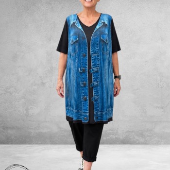 Frenzi Tuniek-Shirt 3D-Look Giletprint Jeansblauw