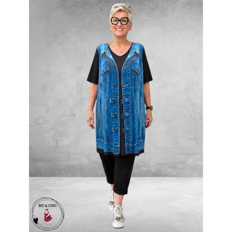 Frenzi Tuniek-Shirt 3D-Look Giletprint Jeansblauw
