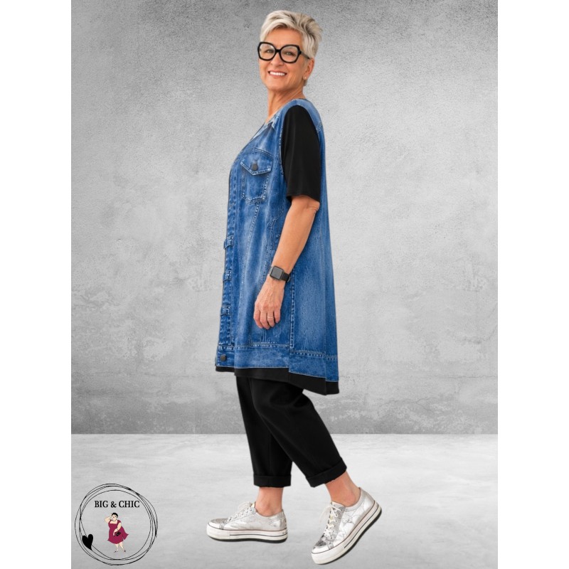 Frenzi Tuniek-Shirt 3D-Look Giletprint Jeansblauw