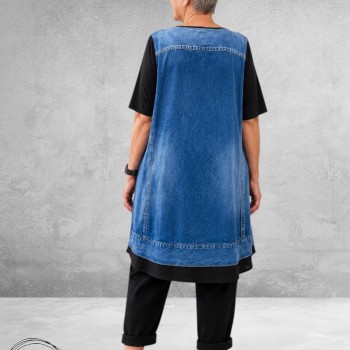 Frenzi Tuniek-Shirt 3D-Look Giletprint Jeansblauw