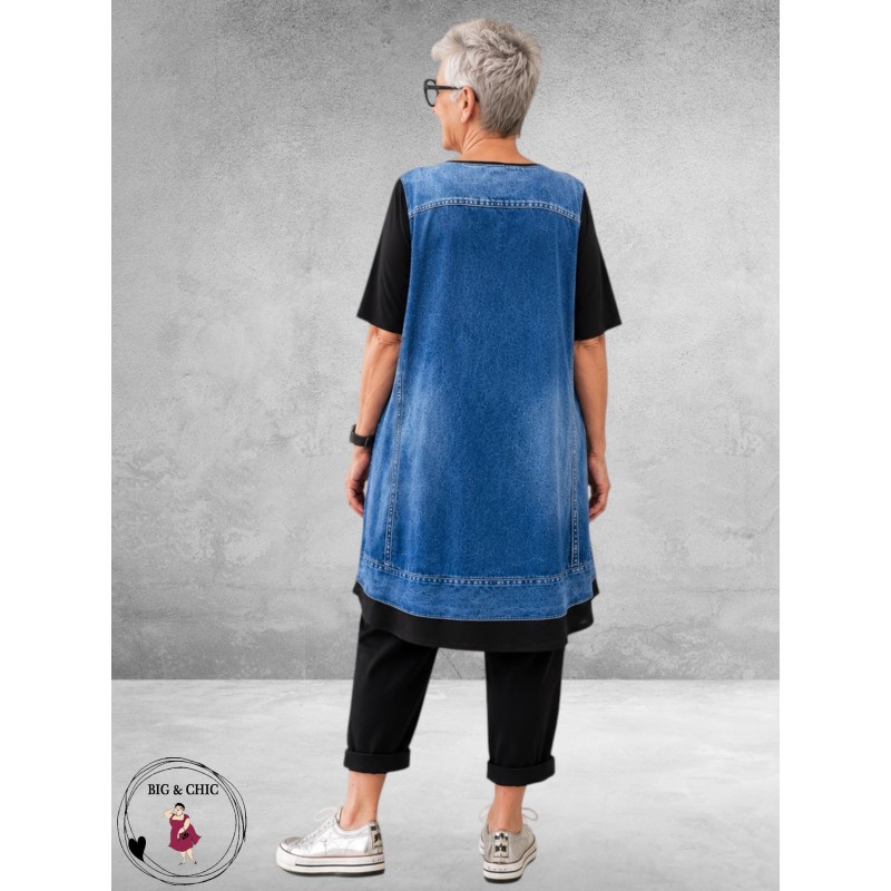 Frenzi Tuniek-Shirt 3D-Look Giletprint Jeansblauw
