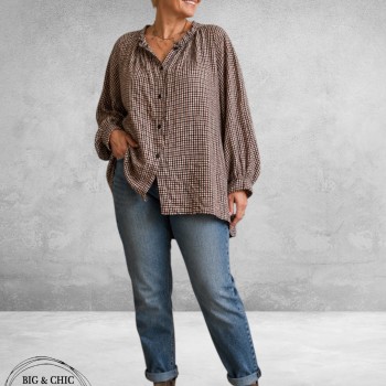 FRENZI Blouse Ruit Aubergine/Beige/Bruin