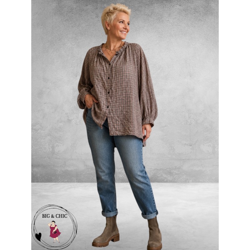 FRENZI Blouse Ruit Aubergine/Beige/Bruin