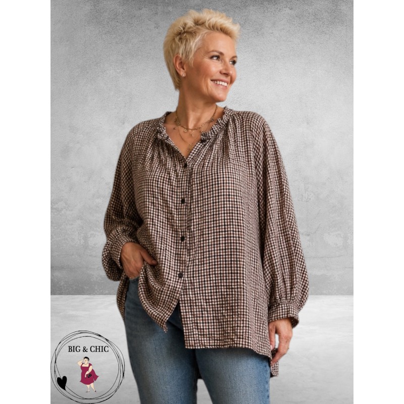 FRENZI Blouse Ruit Aubergine/Beige/Bruin