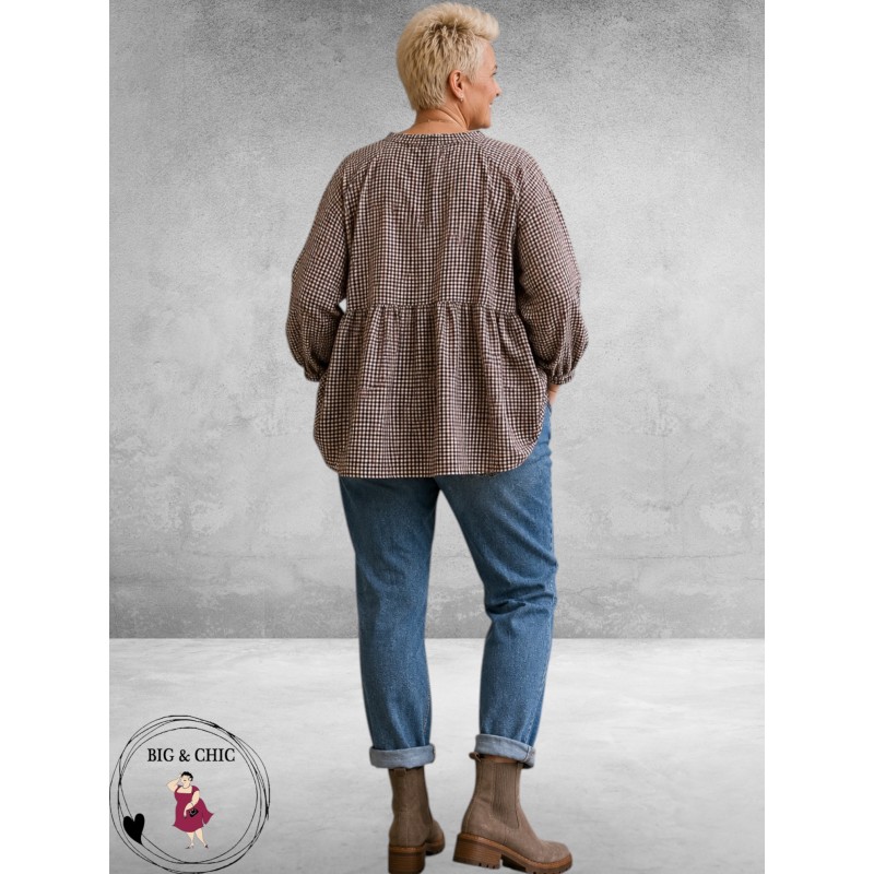FRENZI Blouse Ruit Aubergine/Beige/Bruin