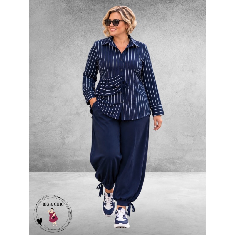 FRENZI Blouse Blauw/Wit Raff Detail