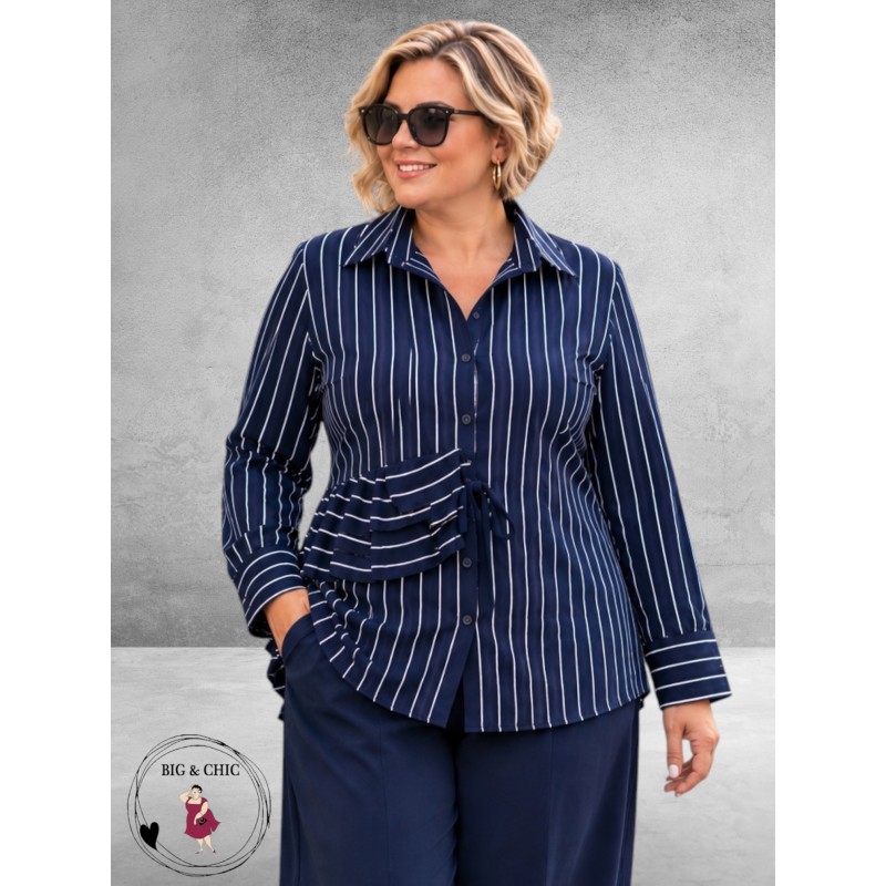 FRENZI Blouse Blauw/Wit Raff Detail