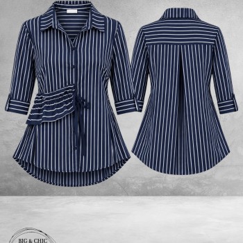 FRENZI Blouse Blauw/Wit Raff Detail