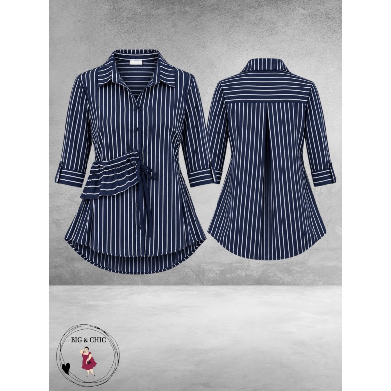 FRENZI Blouse Blauw/Wit Raff Detail