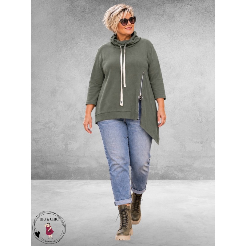 FRENZI Sweater Corduroy Asymmetrisch Olijf
