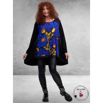 FRENZI Shirt Zwart Blauwe Bloemen