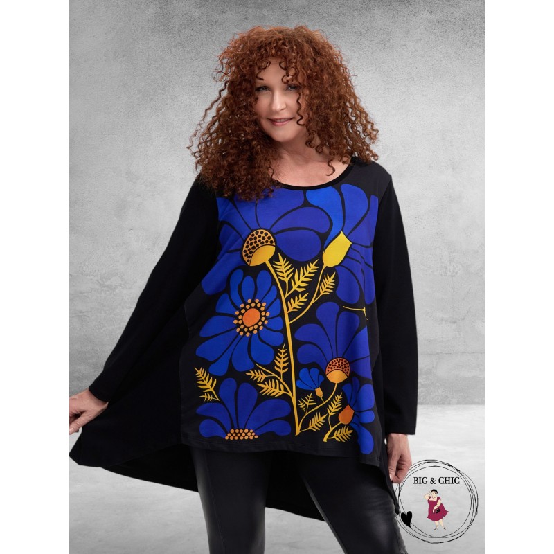 FRENZI Shirt Zwart Blauwe Bloemen