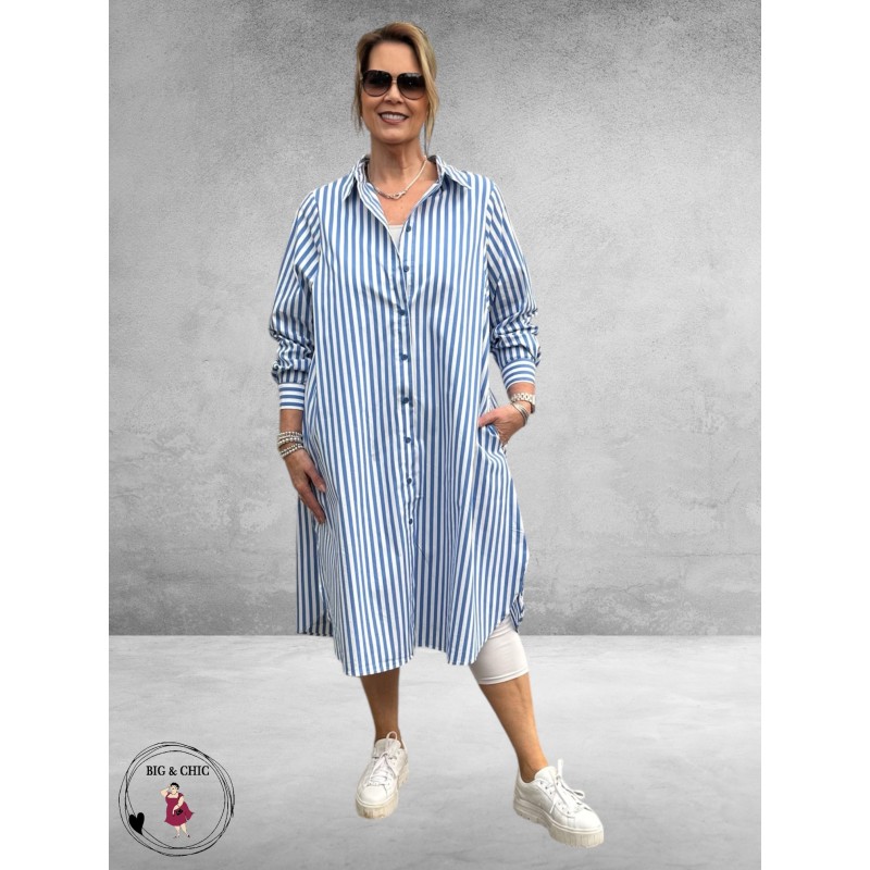 Gozzip Hemdblouse Jurk Cornelia Wit-Blauw-Stripe