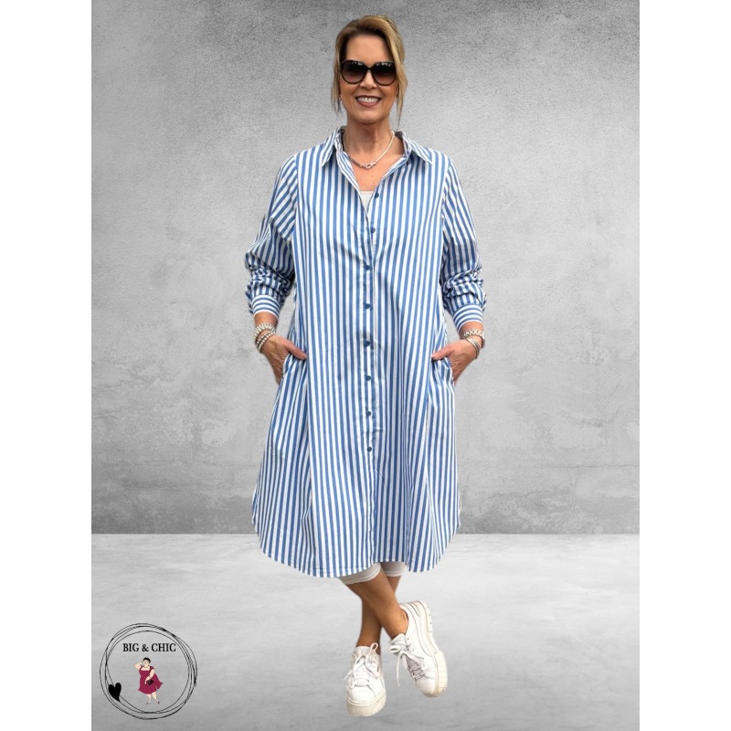 Gozzip Hemdblouse Jurk Cornelia Wit-Blauw-Stripe