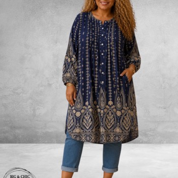 Gozzip Blouse-Tuniek Johanne Blauw/Zand Ornamenten