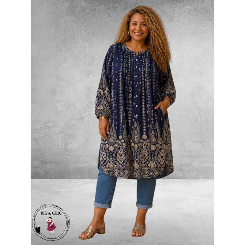 Gozzip Blouse-Tuniek Johanne Blauw/Zand Ornamenten