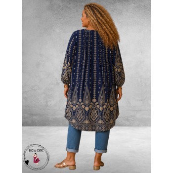 Gozzip Blouse-Tuniek Johanne Blauw/Zand Ornamenten