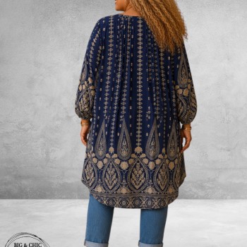 Gozzip Blouse-Tuniek Johanne Blauw/Zand Ornamenten