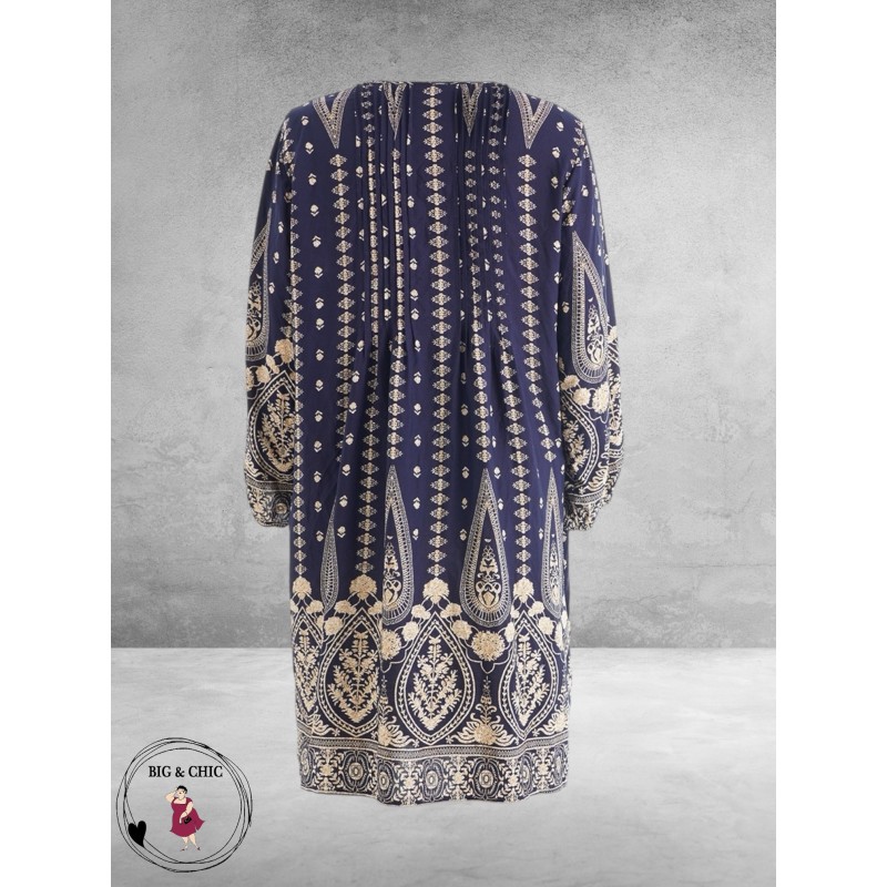 Gozzip Blouse-Tuniek Johanne Blauw/Zand Ornamenten
