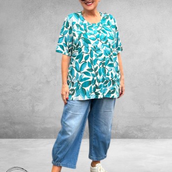 Leah Curve T-Shirt Bladprint Groen/Aqua
