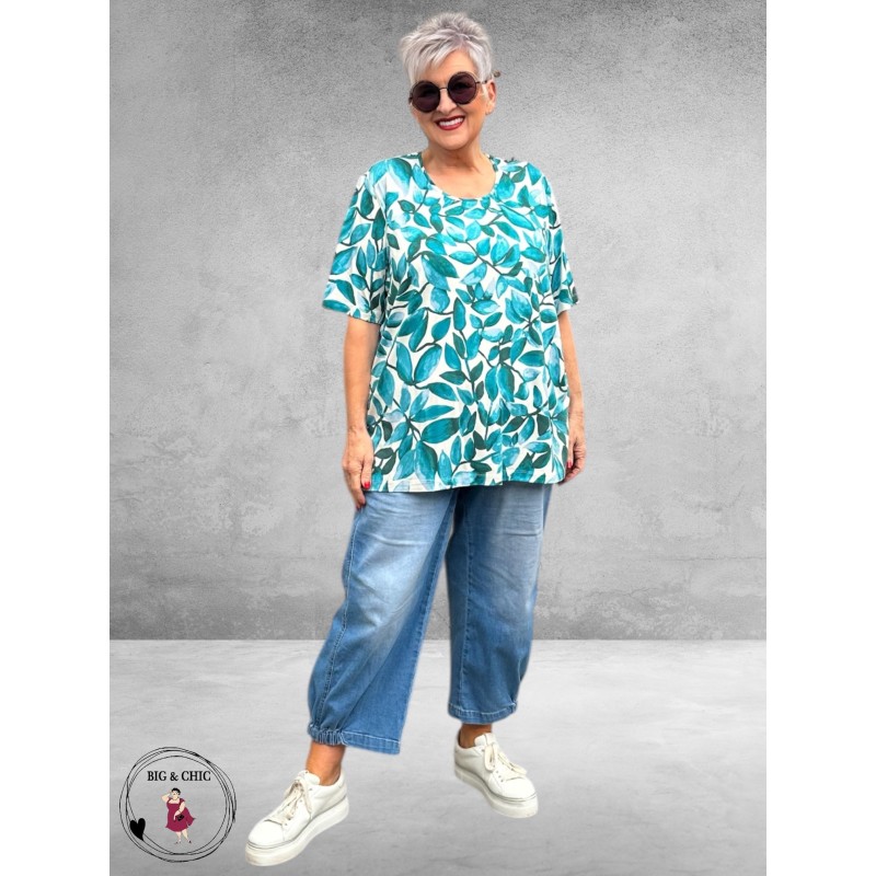 Leah Curve T-Shirt Bladprint Groen/Aqua