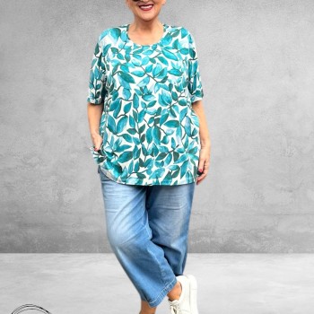 Leah Curve T-Shirt Bladprint Groen/Aqua