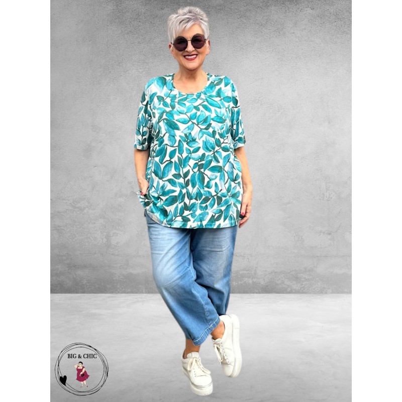 Leah Curve T-Shirt Bladprint Groen/Aqua