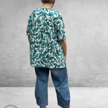 Leah Curve T-Shirt Bladprint Groen/Aqua