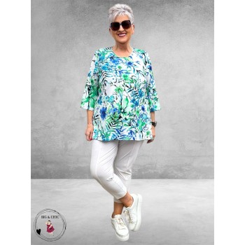 Leah Curve Shirt A-Lijn Flowers  Blauw/Groen Multi