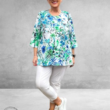Leah Curve Shirt A-Lijn Flowers  Blauw/Groen Multi
