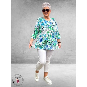 Leah Curve Shirt A-Lijn Flowers  Blauw/Groen Multi