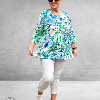 Leah Curve Shirt A-Lijn Flowers  Blauw/Groen Multi
