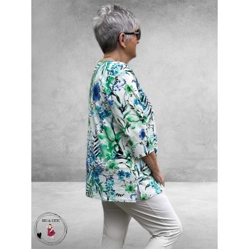 Leah Curve Shirt A-Lijn Flowers  Blauw/Groen Multi
