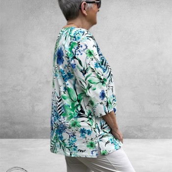 Leah Curve Shirt A-Lijn Flowers  Blauw/Groen Multi