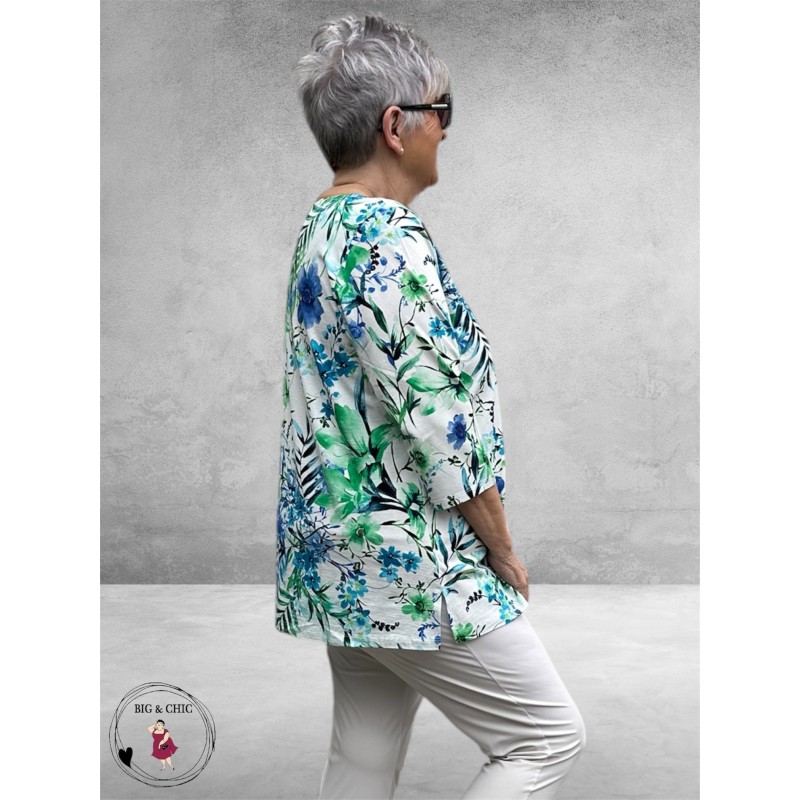 Leah Curve Shirt A-Lijn Flowers  Blauw/Groen Multi