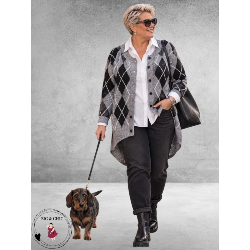 KAFFE Curve Cardigan Grijs/Zwart/Ruit