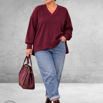 MAY GEM Sweater V-Hals Destroyed Bordeaux