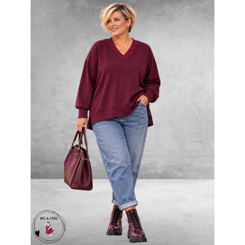 MAY GEM Sweater V-Hals Destroyed Bordeaux