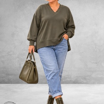 MAY GEM Sweater V-Hals Destroyed Olijf