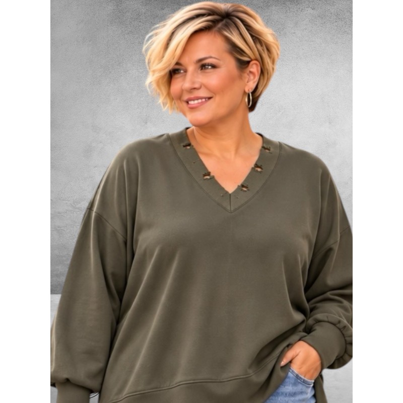 MAY GEM Sweater V-Hals Destroyed Olijf