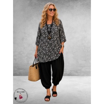 Naveed Shirt A-Lijn Zwart/Wit Flowers