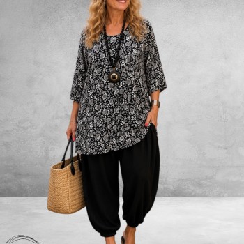 Naveed Shirt A-Lijn Zwart/Wit Flowers