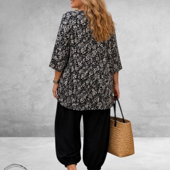 Naveed Shirt A-Lijn Zwart/Wit Flowers