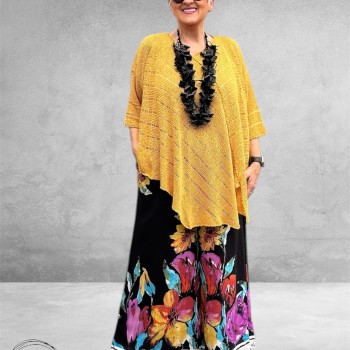 New Style Pantalon Wijd Zwart/Flowers