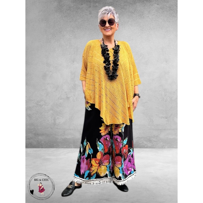 New Style Pantalon Wijd Zwart/Flowers